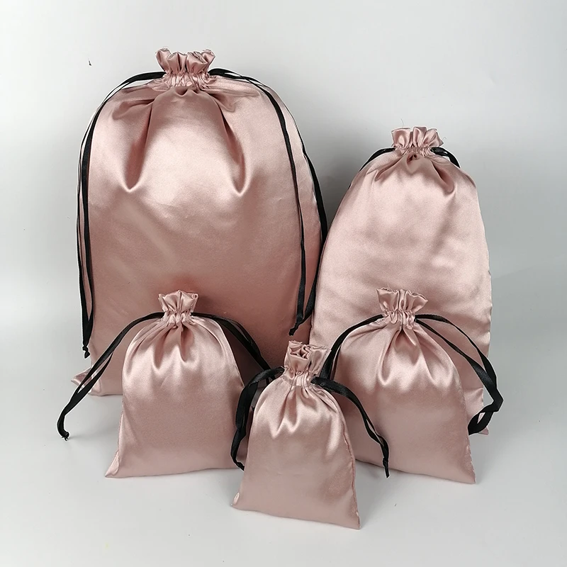 Rose Gold Silk Satin Bag Packaging Bag Virgin Hair Extenssion/Makeup/Eyelash/Perfume Drawstring Gift Pouch Dustproof Custom Logo