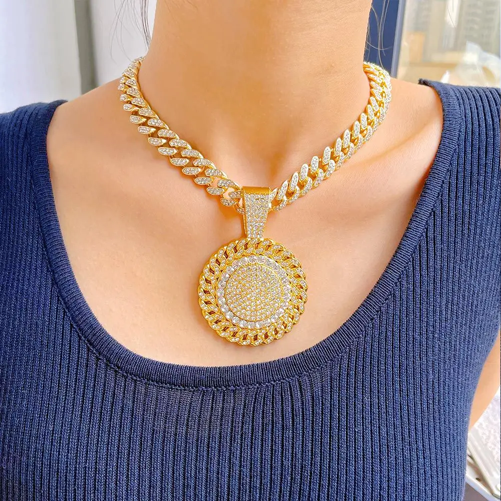 

Men Women Hip Hop Full Diamond Sunflower Pendant Necklace with 13mm Crystal Cuban Chain Iced Out Bling HipHop Necklaces Jewelry