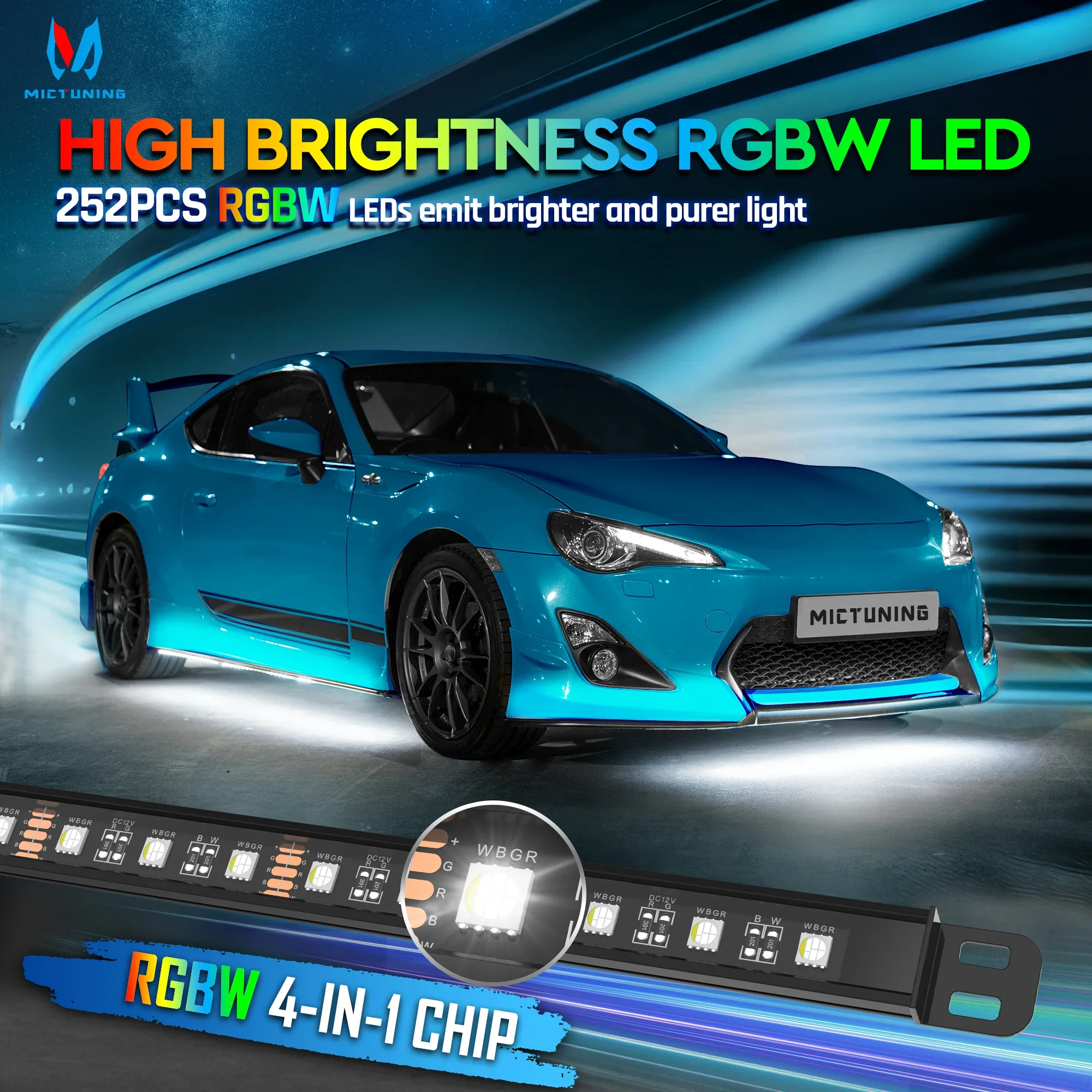 Фото MICTUNING 252 шт. светодиоды RGBW, автомобильные подсветки N8, многоцветные световые полосы под днищем с беспроводным приложением, пульт дистанционного управления с двойным управлением №2