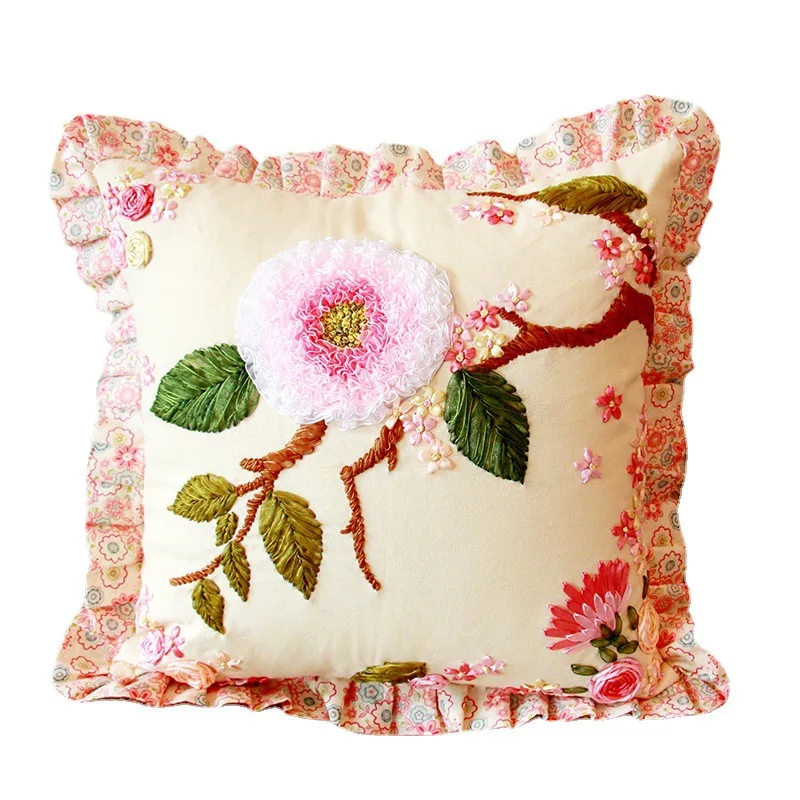 

Hair ribbon embroidery DIY cross stitch flower cushion cover cotton chair sofa cushion Modern home decor rectangular pillow