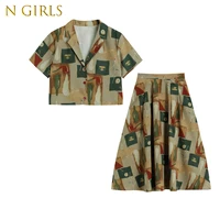 n girls two piece dress sets women summer short sleeve suit collar blouse high waist a line skirt vintage thin printing suits