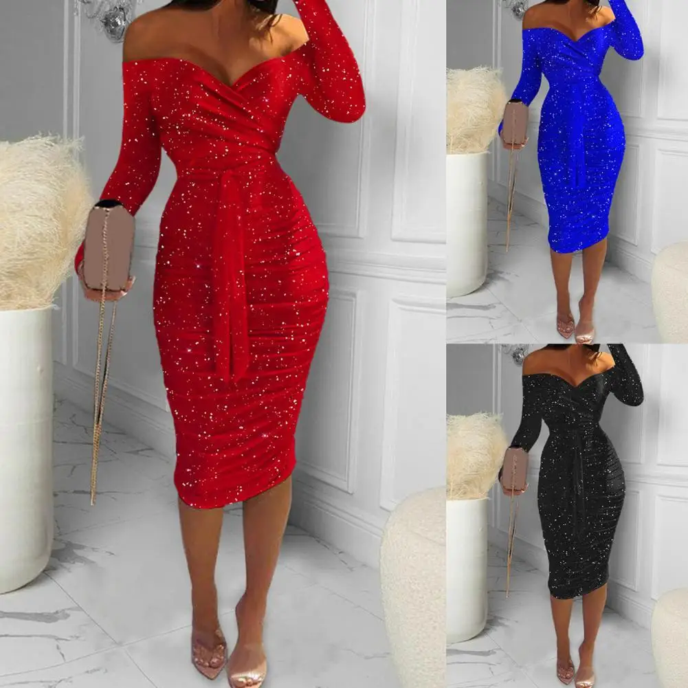 

Women Solid Off The Shoulder Sexy V Neck Long Sleeve Tie Front Bodycon Slim Club Party Dresses