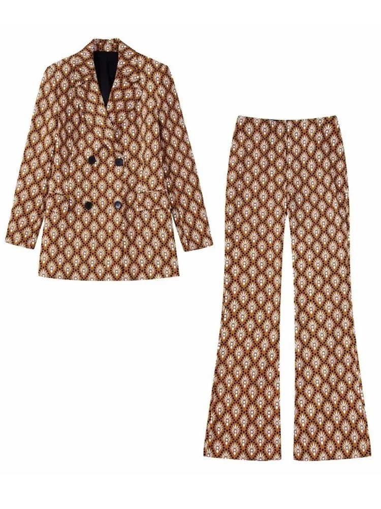 

Женский брючный костюм с принтом, элегантный костюм из двух предметов, пиджак и брюки-клеш, уличная одежда, лето 2022