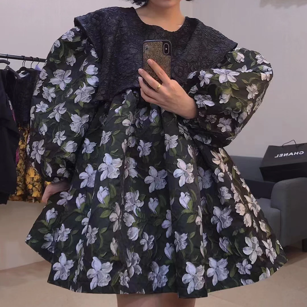 

SuperAen Original Jacquard Relief Flower Print O Neck Puff Sleeve 2022 Spring New Loose A Line Dresses for Women