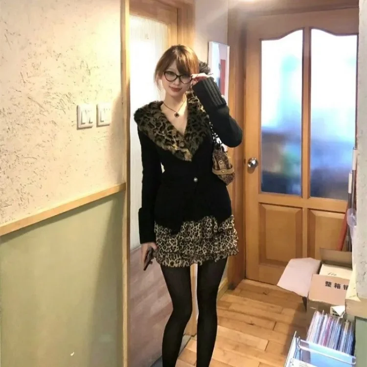 Винтажные сексуальные лоскутные топы с леопардовым принтом Mujer 2024 осень-зима