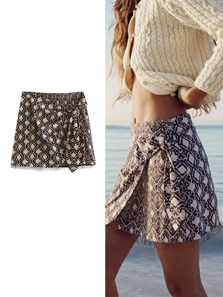 

TRAF Fashion Women Sarong Mini Skirts 2023 Summer Women Printed Bow Tassel Skirts High Waist Causal Sexy Office Lady Skirt