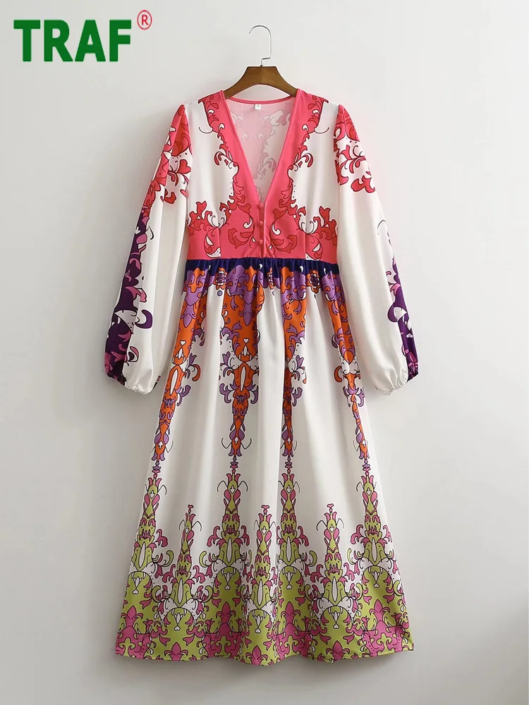 

TRAF Boho Print Long Dress Woman Pleated Midi Dress Women Long Sleeve Summer Dresses for Women 2022 Ruched Party Dresses Ladies