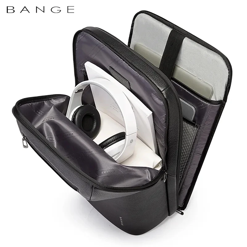 Мужской деловой кожаный рюкзак Bange черный вместительный с отделением для