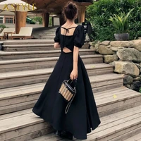 8XL130KG Dress Womens Chic Vintage Black High Waist Square Collar Puff Sleeve Bow A-line Classy Retro French Female Clothing New