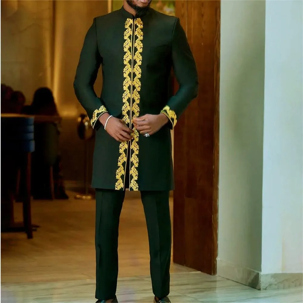 2023 Simple New Suit Men's 2-piece Men's Round Neck Stitching Solid Color Long Sleeve Festival Social African Ethnic Style