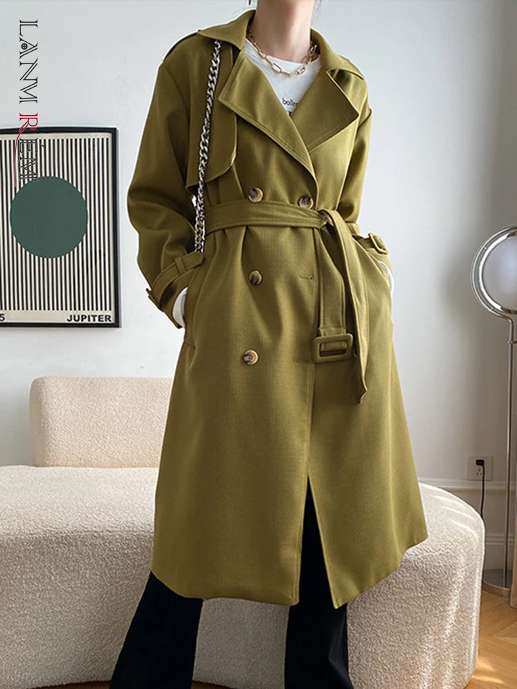 

LANMREM French Solid Trench Coat For Women Lapel Long Sleeves Belt Double Breasted Female Autumn Fashion New Clothing 2AA1042
