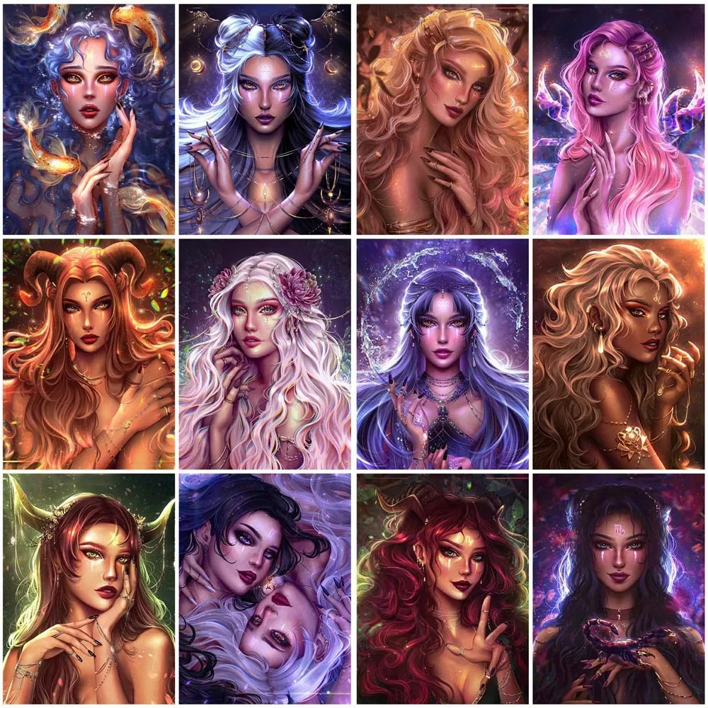 

Full Square Diamond Painting Constellation Woman DIY Round 12 constellations Mosaic Portrait Beads Embroidery Home Decoration