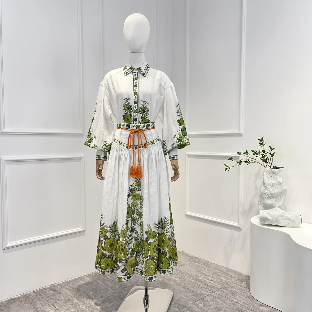 

2023 New Ramie White Spring Summer Top Quality Green Floral Printing Folds Long Lantern Sleeve Blouse and Midi Skirt Woman Set