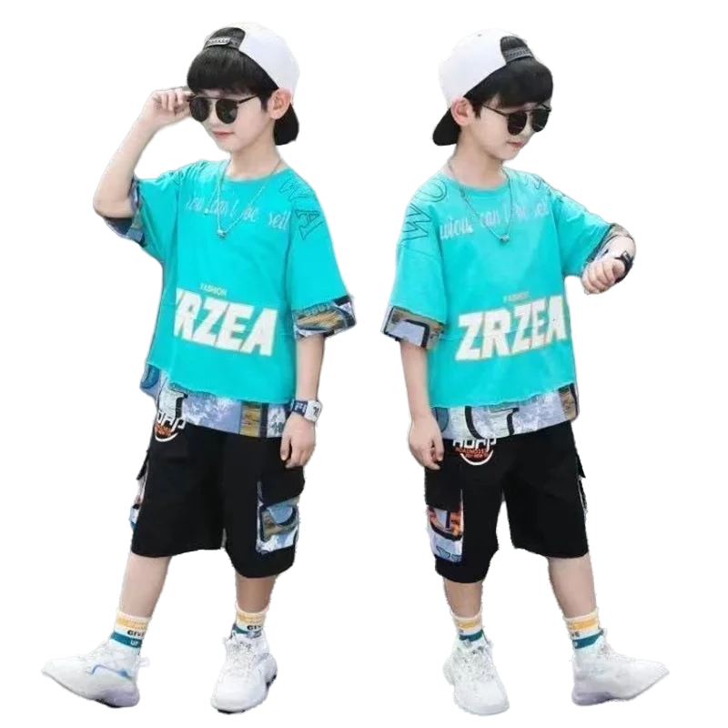 

New Summer Kids Boys T Shirt+Shorts 2pcs Clothing Sets Children's Sport Suit Teenager Boys Korean Loose Tracksuits 5 To 14Years