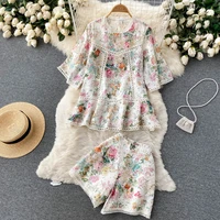 womens summer suit 2022 new print embroidered hollow loose top and high waist shorts two piece free shipping
