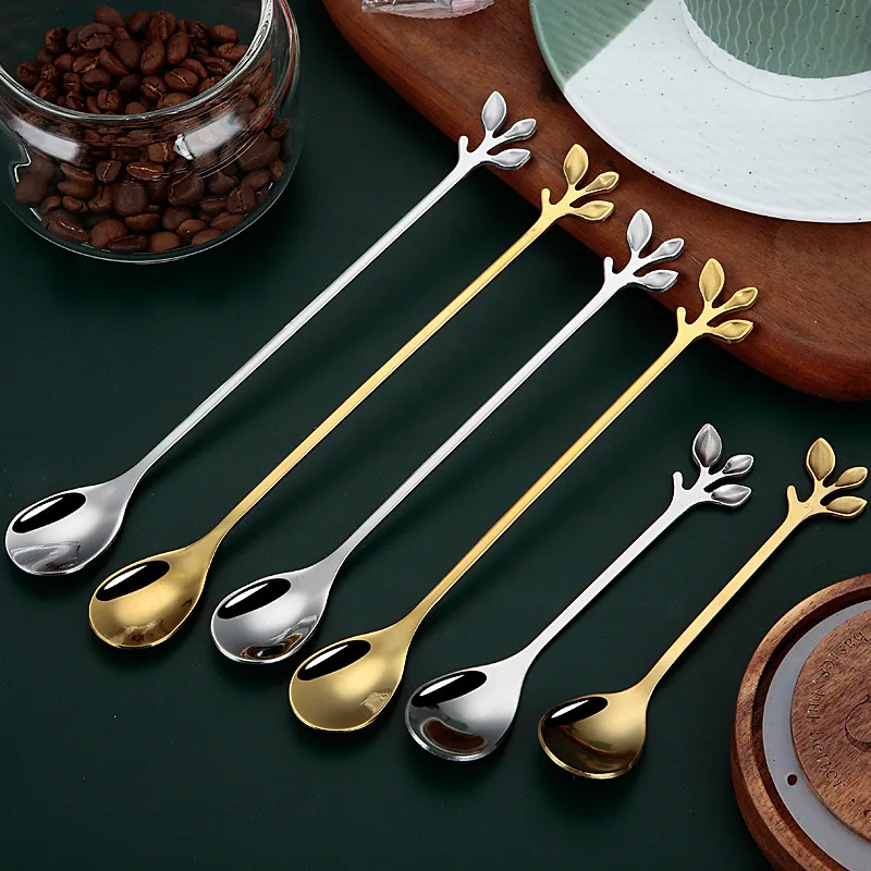 

New Creative Spoon Stainless Steel Leaf Spoon Long Stirring Dessert Family Party Wedding Gift