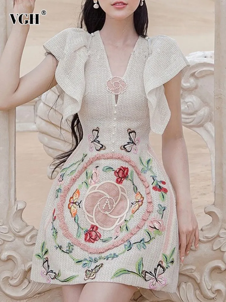

VGH embroidery casual dresses for women v neck flying sleeve high waist spliced pearls slim tunic mini dress female summer new
