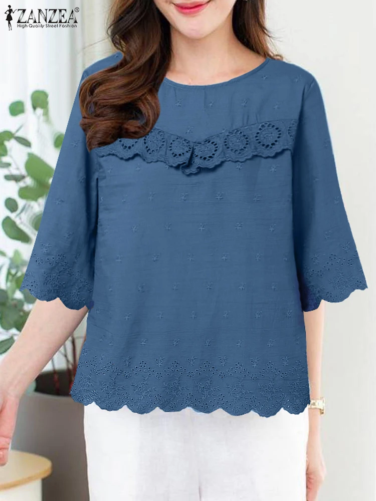 ZANZEA модные блузки с вышивкой 2024 осенние однотонные кружевной отделкой свободные