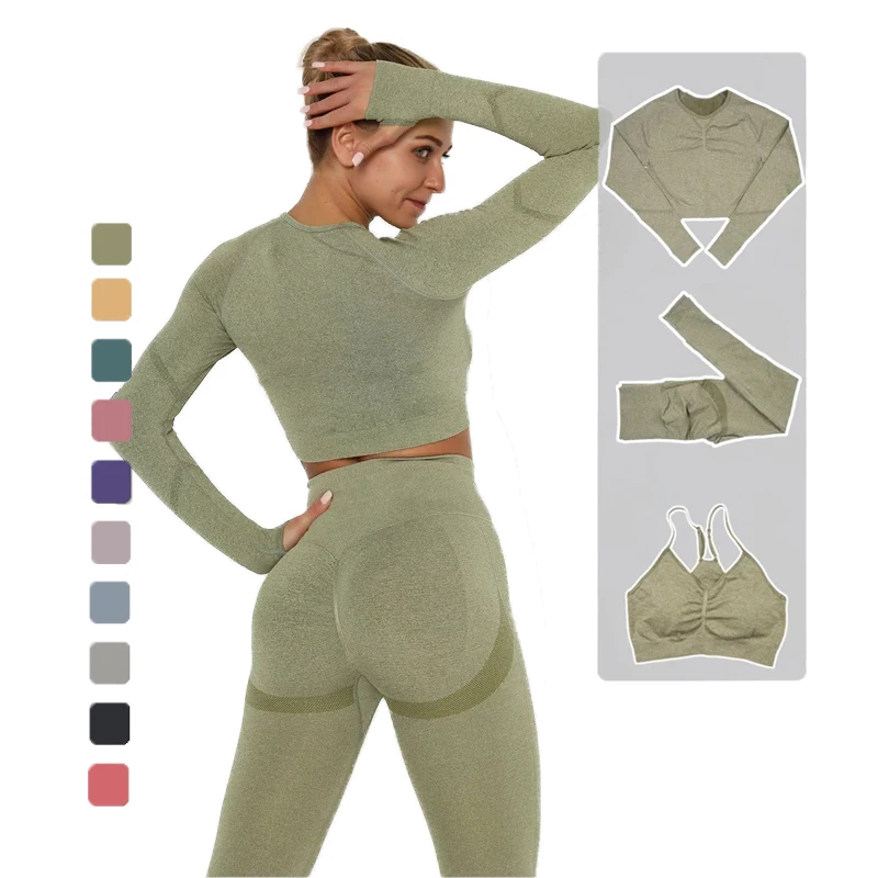 Sports Suit Sports Outfit Fitness Set Wear High Waist Gym Seamless Workout Clothes 2022 Long Sleeve 3 Piece Yoga Sets For Women