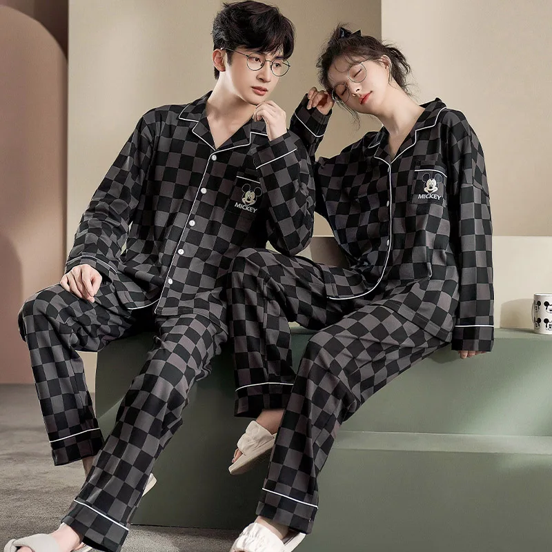 Disney Autumn Winter Cotton Pajamas Set for Women Men Couples Nightwear Loose Long Sleeve Sleepwear Set Home Clothes Outfits