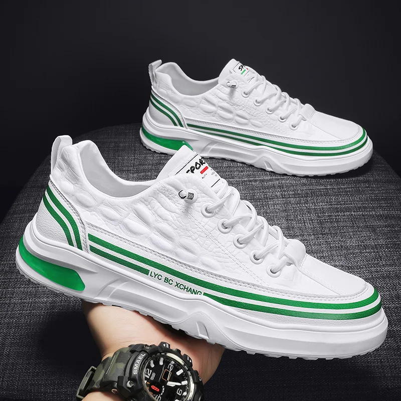 

Men Shoes Leather Casual Fashion Crocodile Print White Flat Skateboard Shoes Street Trend Leisure Sneakers