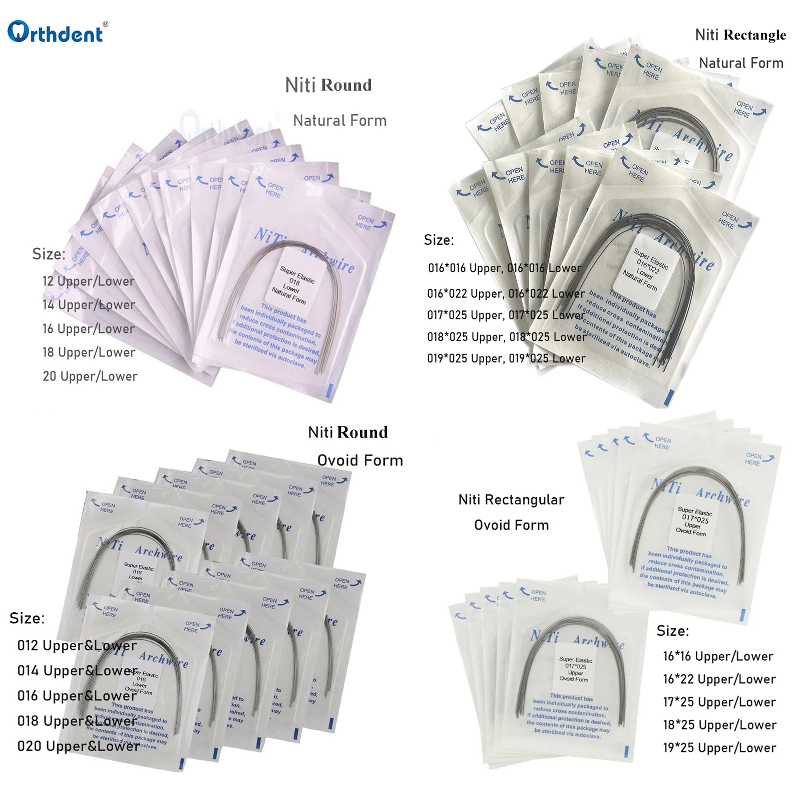 Orthdent 10 Packs Dental Arch Wires Orthodontic Super Elastic NITI Round / Rectangle Archwire Natural / Ovoid Form Upper / Lower