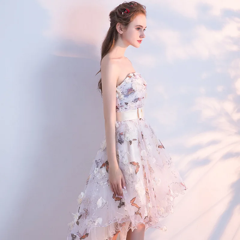 Butterfly 3D Flowers Floral Homecoming Dresses Short Front Long Back Strapless Bridesmaid Dresses Wedding Party Prom Dresses