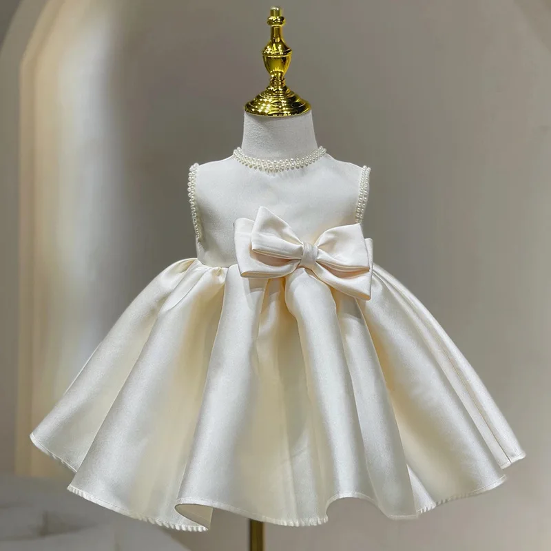

Children's Princess Evening Gown Bow Pearl Sleeveless Design Wedding Birthday Baptism Party Girls Dresses for Eid Easter