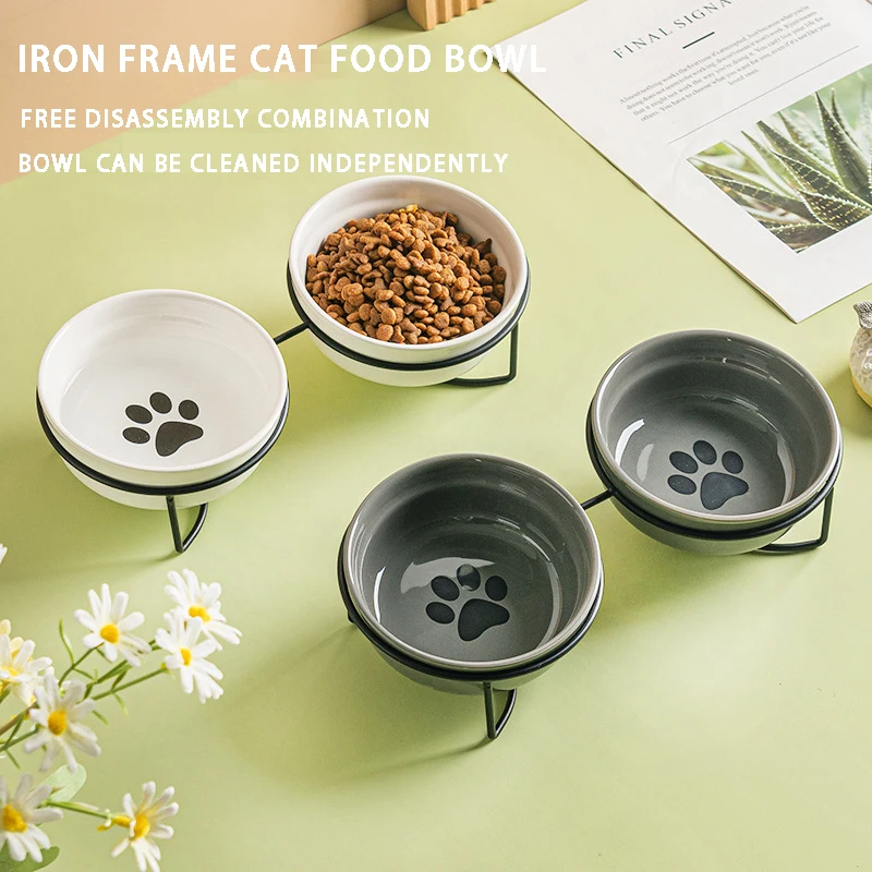 

Ceramic cat bowl combination, double bowl, high foot, oblique mouth, neck protection, drinking water, dog basin, cat rice bowl,