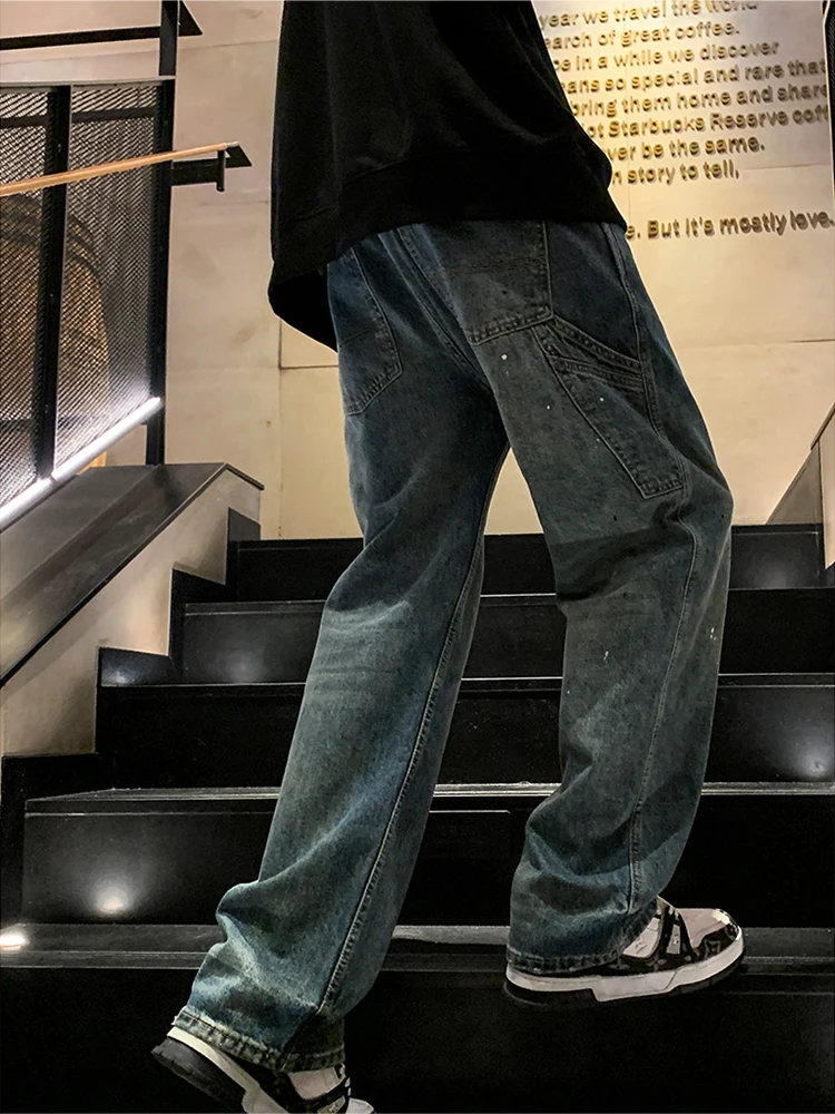 Men's Trendy Pure Colored Jeans American Washing Make Old Retro Loose Wide Pine Pure Color Casual Pants Street Men's Clothing