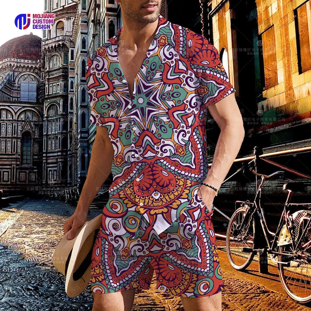 2023 Hawaiian Shirts Men Fashion Floral Geometric Print Shirts Single Breasted Beach Short Sleeve Tops Mens Vacation Wear