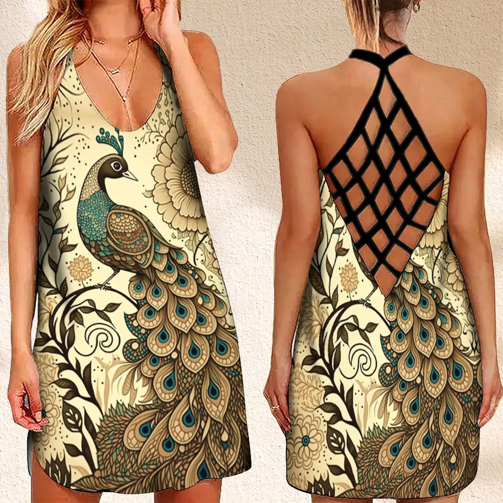 

Summer Women's Criss Cross Backless Sleeveless Dress Vintage Prom Dress Paisley Peacock Print Fancy Women's Dress