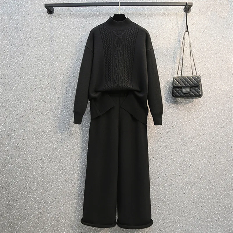 The New Knitted Women Pieces Pant Sets Autumn Winter New Solid Warm Sweater and Wide Leg Pant Suits