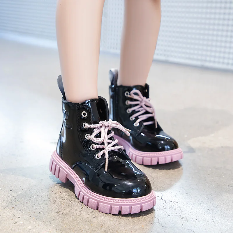 Children Boots Black Unisex Chunky Patent Leather Kids Boot Short Waterproof Anti-slip Handsome 26-36 Boys Girls Shoe enlarge