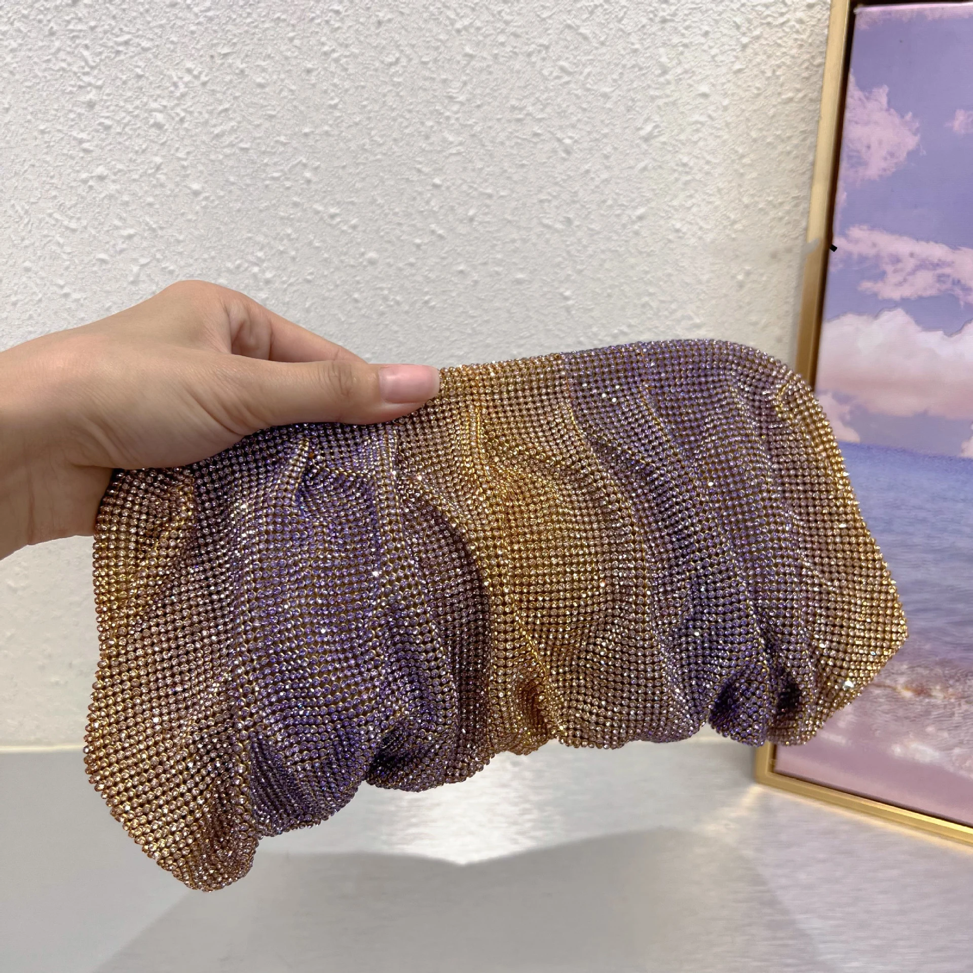 Блестящая сумка ручной работы с бриллиантами плиссированная цепочка женская