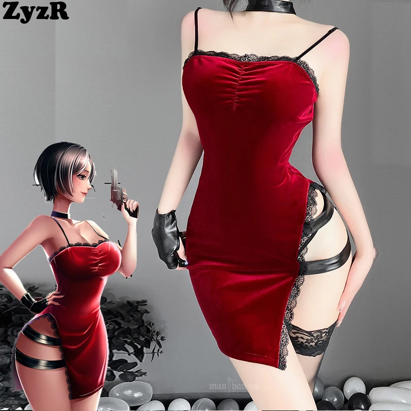 

ZyzR Role Play Movie Assassin Agent Red Dress Uniform Temptation Lingerie Women Velvet Nightdress Pajamas Outfit Erotic Costumes