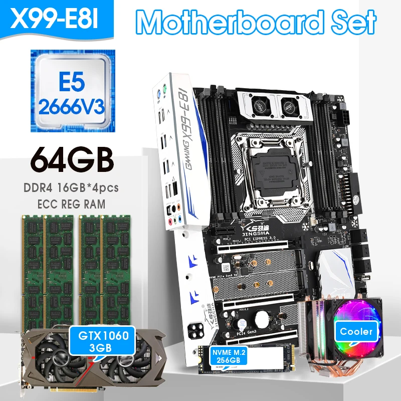 

X99 E8I Motherboard KIT LGA2011-3 E5 2680 V4 Processor 4*16GB =64GB REG Memory 256GB M.2 SSD GTX1060 3GB graphics card CPU FAN