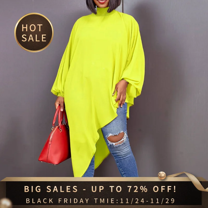 

Irregular Women Dress For Summer Loose Long Sleeve Plus Size Dress Middle Waist High Neck Causal Dress Female Clothing Fashion