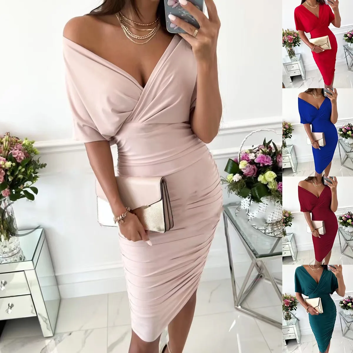 

Elegant Ladies Midi Dress Sexy Fashion 2022 Summer Solid Color V-neck Sexy Bag Hip Dress Women Vestidos De Fiesta