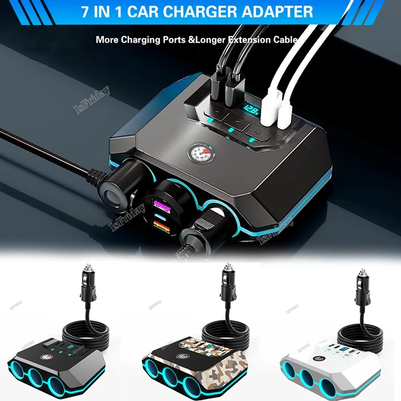 

120W Car Cigarette Lighter Adapter USB Fast Charger Splitter Multinational Socket Ports LED Voltmeter Auto Accessories
