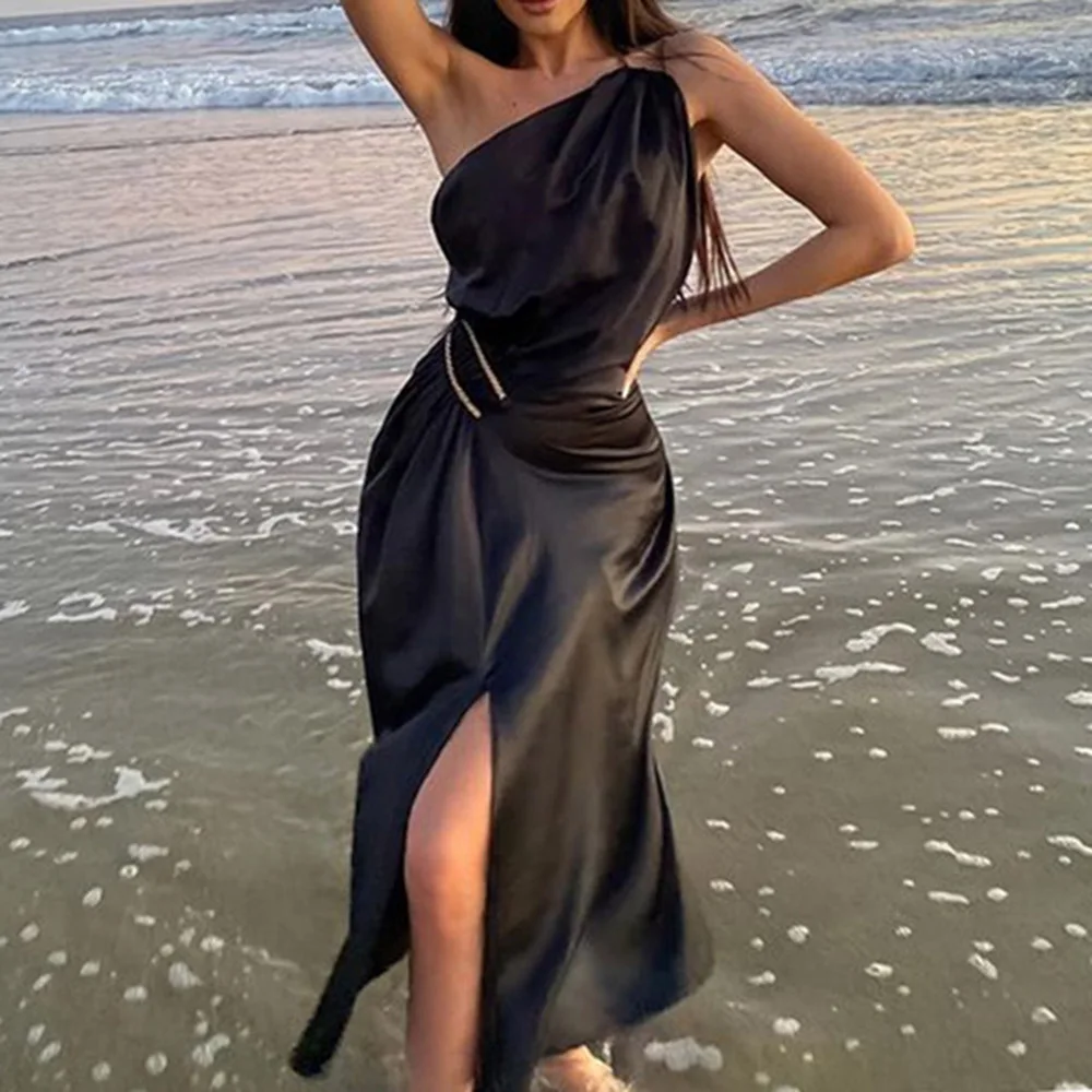 

Women Fashion Dress Non-sleeve Sloping Shoulders Slim Pullover Elegant Chic Pleated Patchwork Sexy Lady A-line Dress For Summe