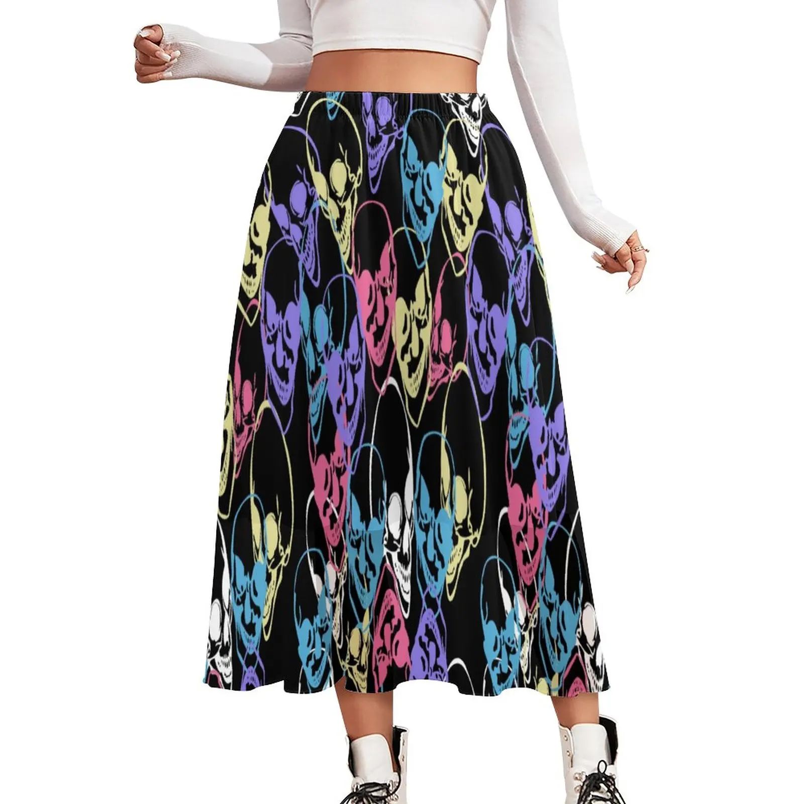 

Colorful Skulls Chiffon Skirt Abstract Skull Print Aesthetic Casual Skirts Womens Elegant Boho Skirt Pattern Clothing Gift Idea