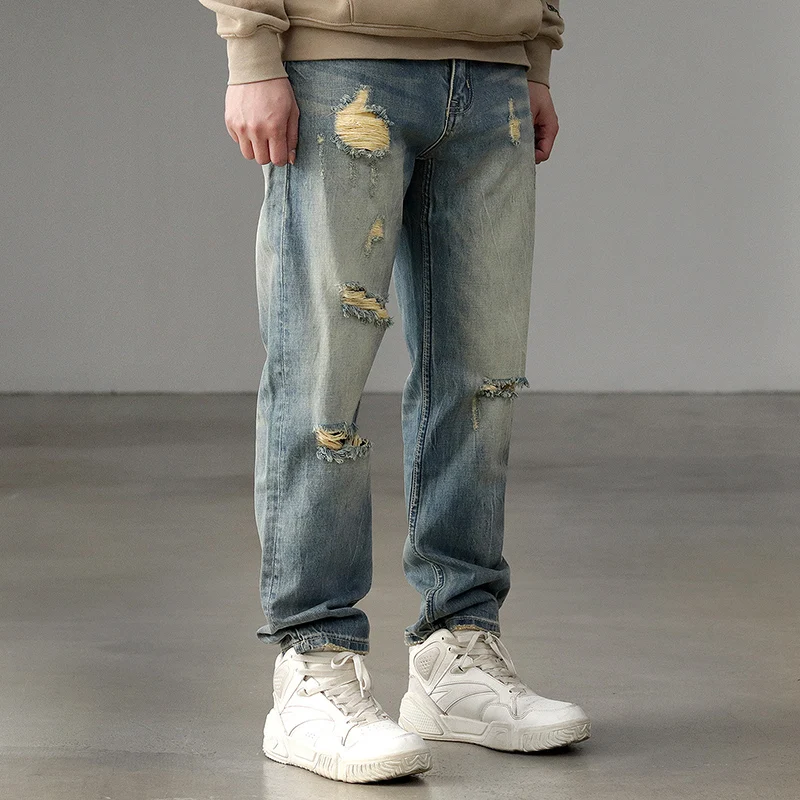 Torn jeans straight tube loose wash do old spring and autumn new n style retro zipper casual pants for men