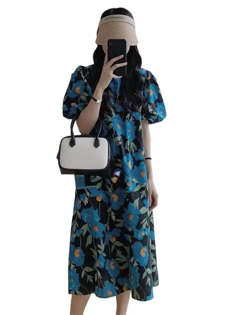 

Летние хлопковые синие юбки с принтом, Милая юбка-трапеция до середины икры с О-образным вырезом и пышными рукавами, свободные платья в стиле девушки из леса