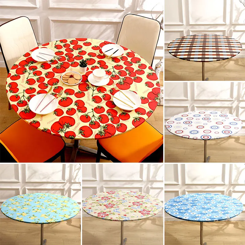 

Elastic Waterproof Round Tablecloth Print Table Cover Fashion Style Dining Table Decor Home Kitchen Oilproof Tablecloths