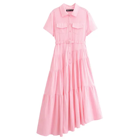 KADUWAKI French Vintage Lapel Short Sleeve Solid Dresses Casual Classic Pocket Asymmetric Pleated Vestidos with Belt فساتين ٢٠٢٢