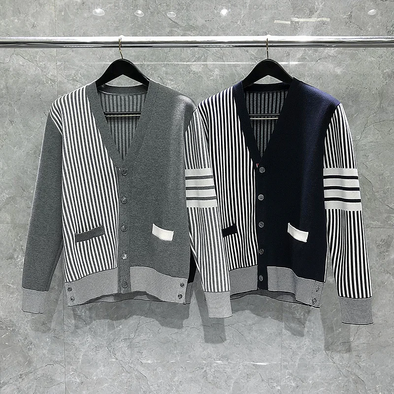 Stripe TB THOM Men's Cardigan Sweater High Quality Preppy Style Coat Luxury Brand Designerer Korean Fashion Sweaters With Pocket