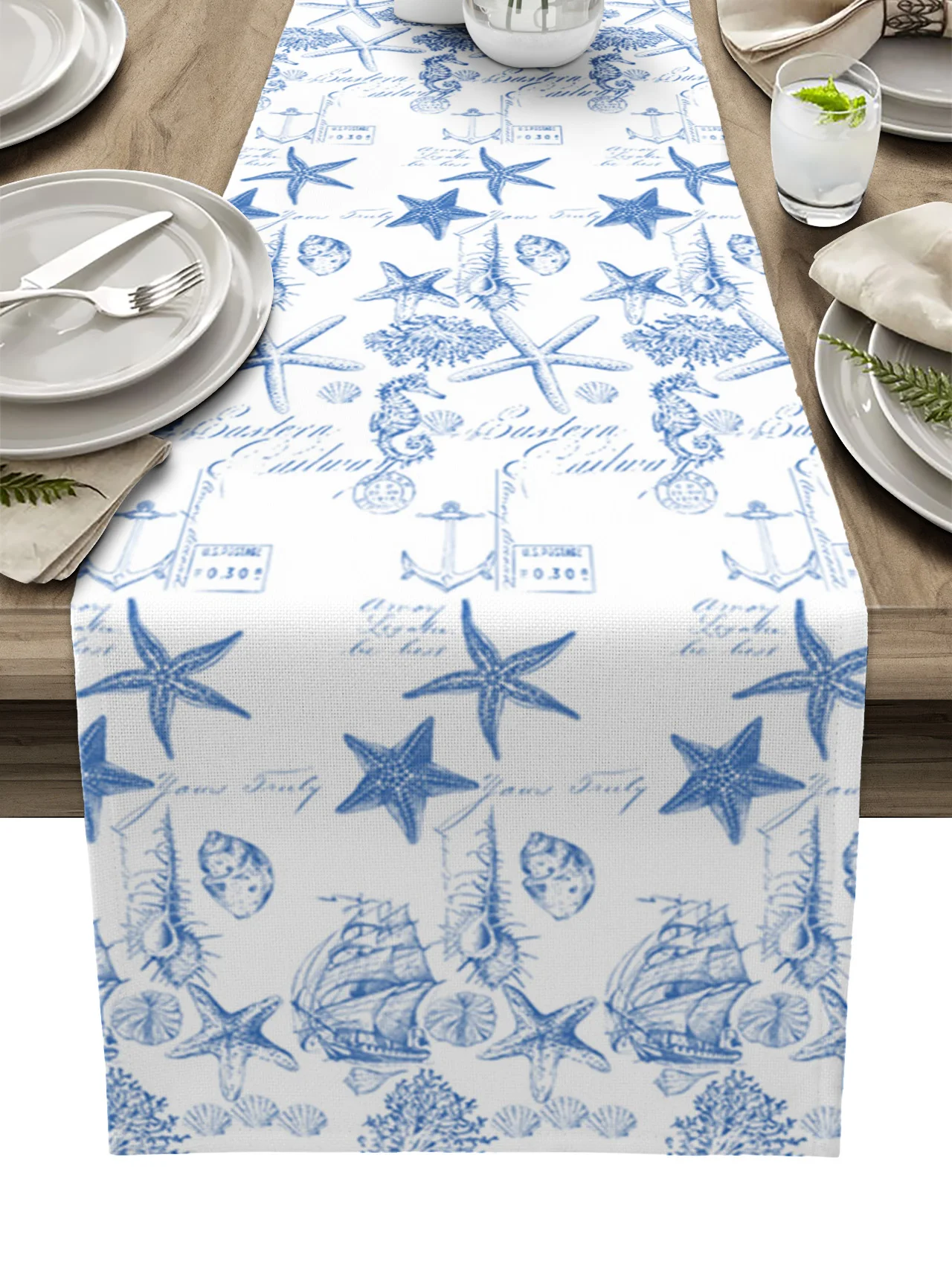 

Blue Ocean Starfish Conch Seahorse Anchor Table Runner Home Wedding Banquet Festival Party Hotel Table Decoration Table Cover