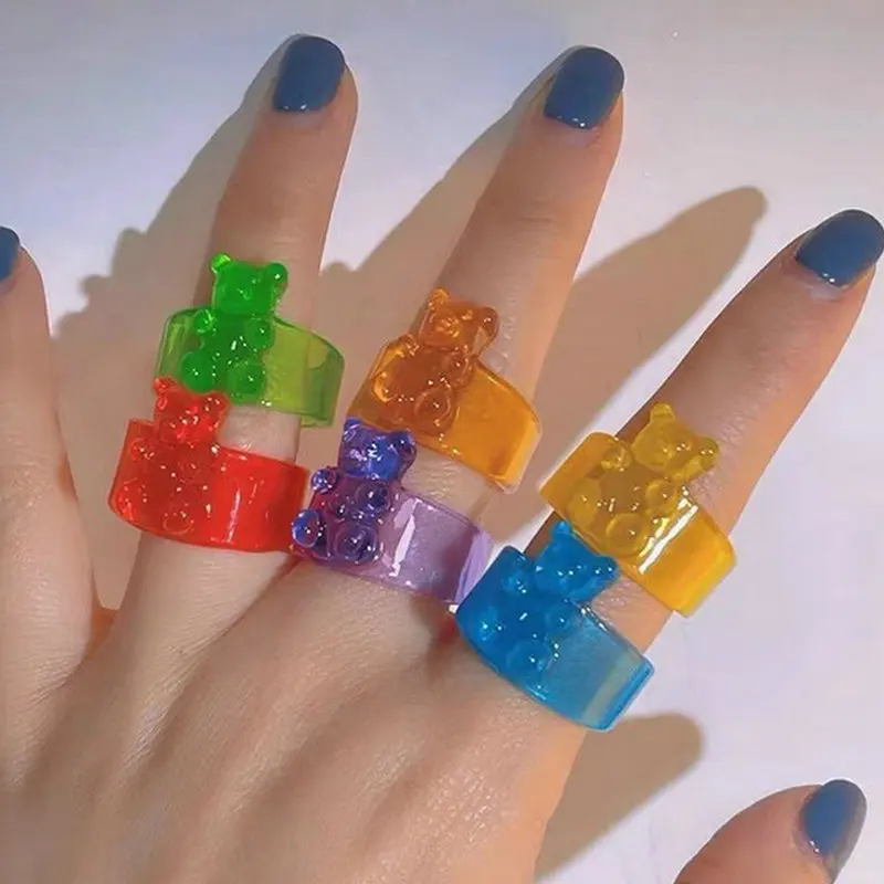 

Candy Color Gummy Bear Rings for Women Girls Transparent Cartoon Finger Resin Rings DIY Trendy Cute Rings Jewelry Party Gifts