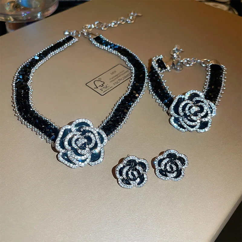 

Minar Vintage Sparkly Black Rhinestones Crystal Strand Camellia Flower Chokers Necklaces for Women Wide Chunky Necklace Jewelry